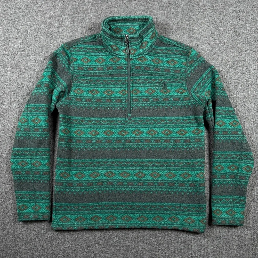 The North Face Sweater Mens Medium Green Aztec Tribal 1/4 Zip Fleece Pullover